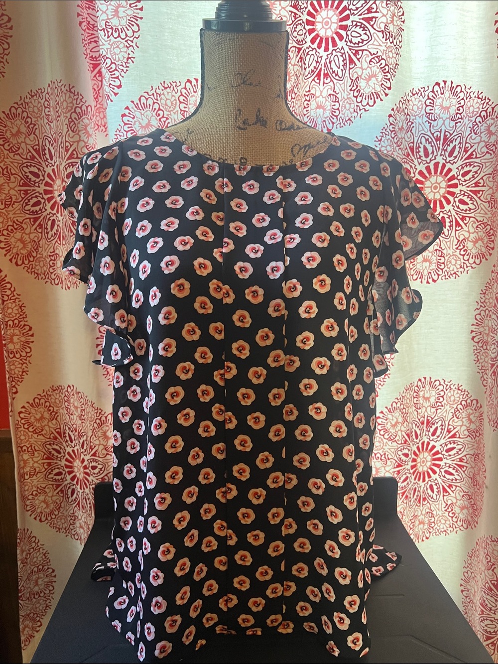 Elle Black Blouse with Pink Floral Print and Flutter Sleeves